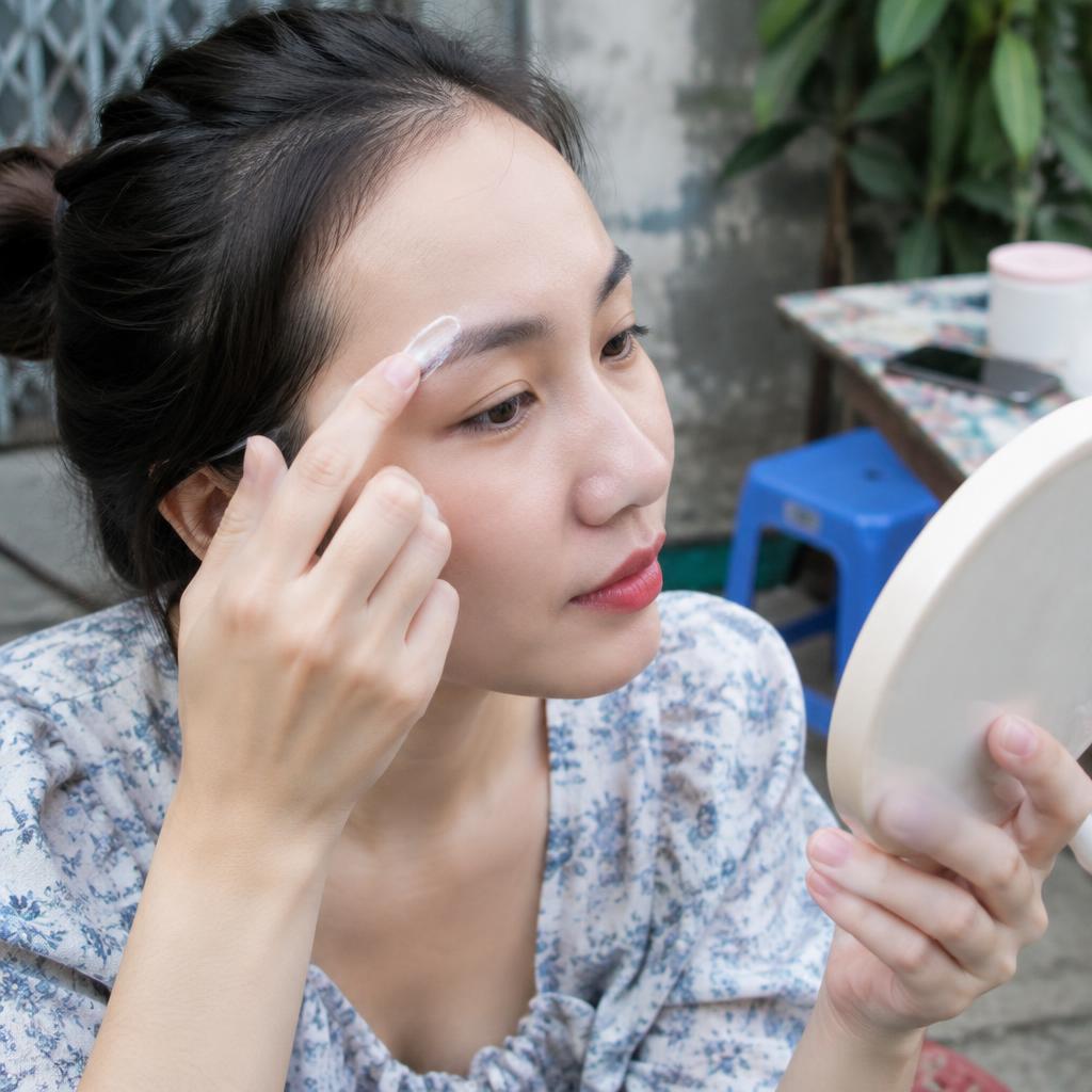 Phụ nữ đang nhẹ nhàng vệ sinh vùng lông mày sau khi xóa xăm laser bằng bông gòn và dung dịch chuyên dụng.