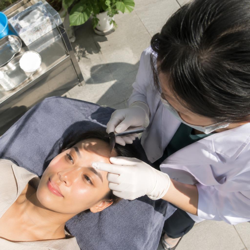 Quy trình chăm sóc lông mày sau khi xóa xăm laser để đạt kết quả tối ưu và tránh biến chứng 4 Chuyên gia da liễu đang kiểm tra cẩn thận vùng da lông mày của khách hàng sau khi xóa xăm laser.