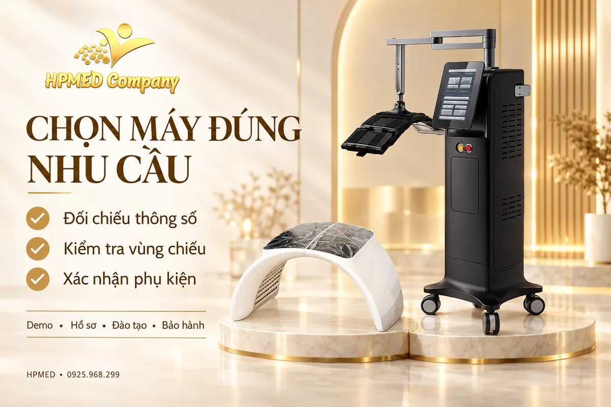 Minh họa lựa chọn máy ánh sáng sinh học: đối chiếu thông số, kiểm tra vùng chiếu và xác nhận phụ kiện