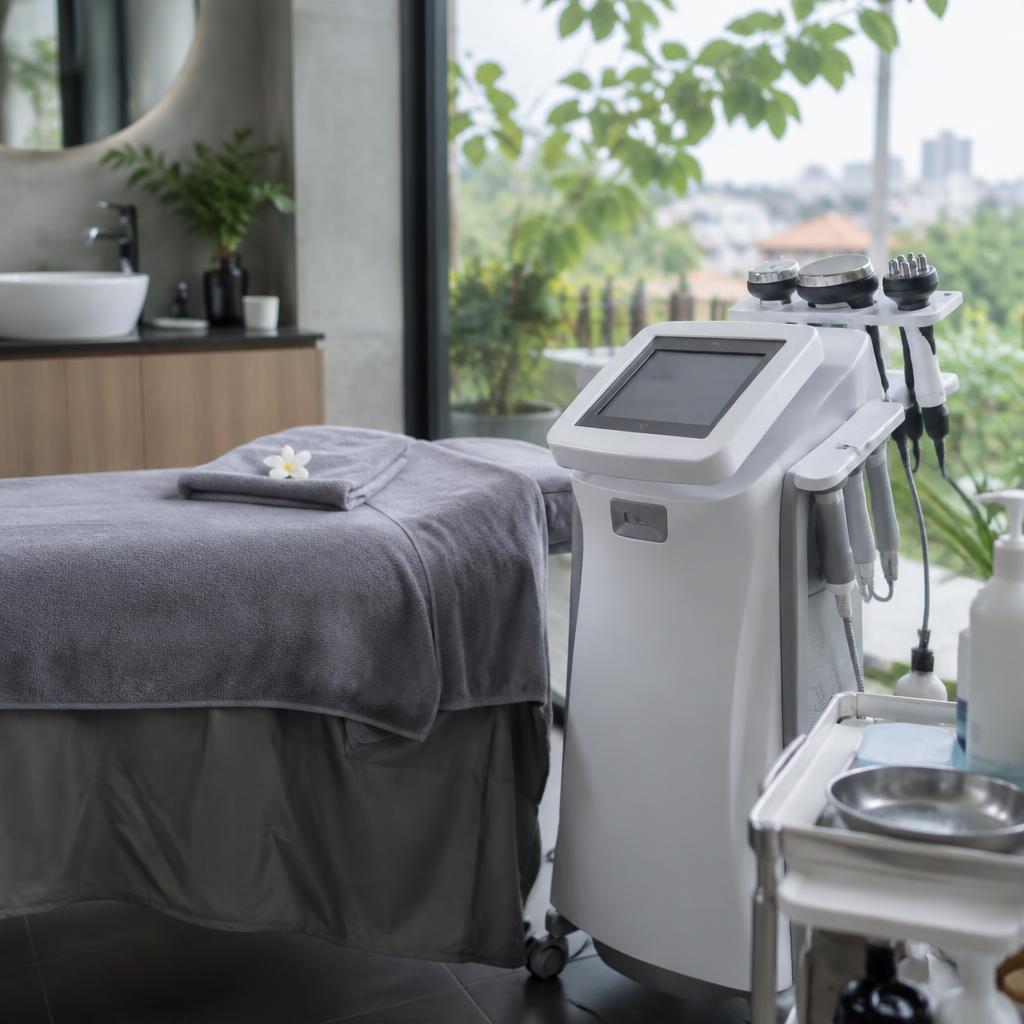 Một phòng điều trị spa hiện đại với giường và thiết bị giảm béo, thể hiện không gian thư giãn cho khách hàng