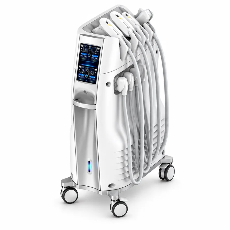 Máy giảm béo Coolshaping2 với màn hình điều khiển và các tay cầm, chụp toàn thân trên nền trắng