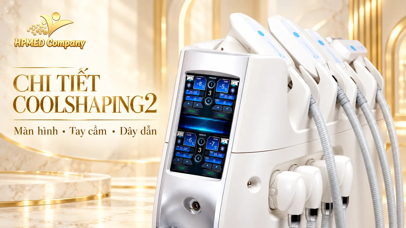 Cận cảnh màn hình, thân máy phía trên, tay cầm và dây dẫn của máy Coolshaping2 Eunsung Global