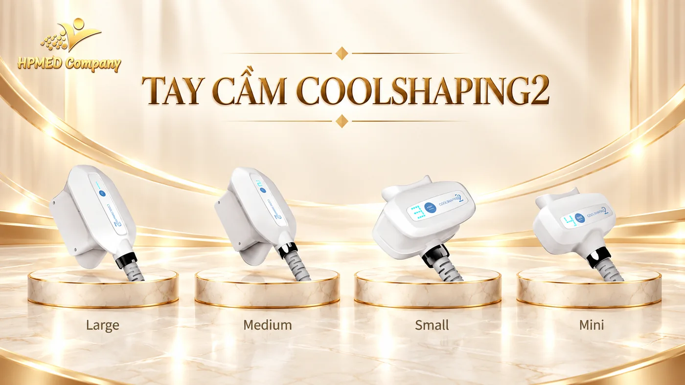 Bốn cỡ tay cầm Coolshaping2 Eunsung Global: Large, Medium, Small và Mini trên nền vàng kem HPMED
