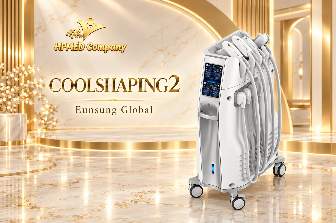 Toàn thân máy đông hủy mỡ Coolshaping2 Eunsung Global với màn hình, tay cầm, dây dẫn, chân đế và bánh xe