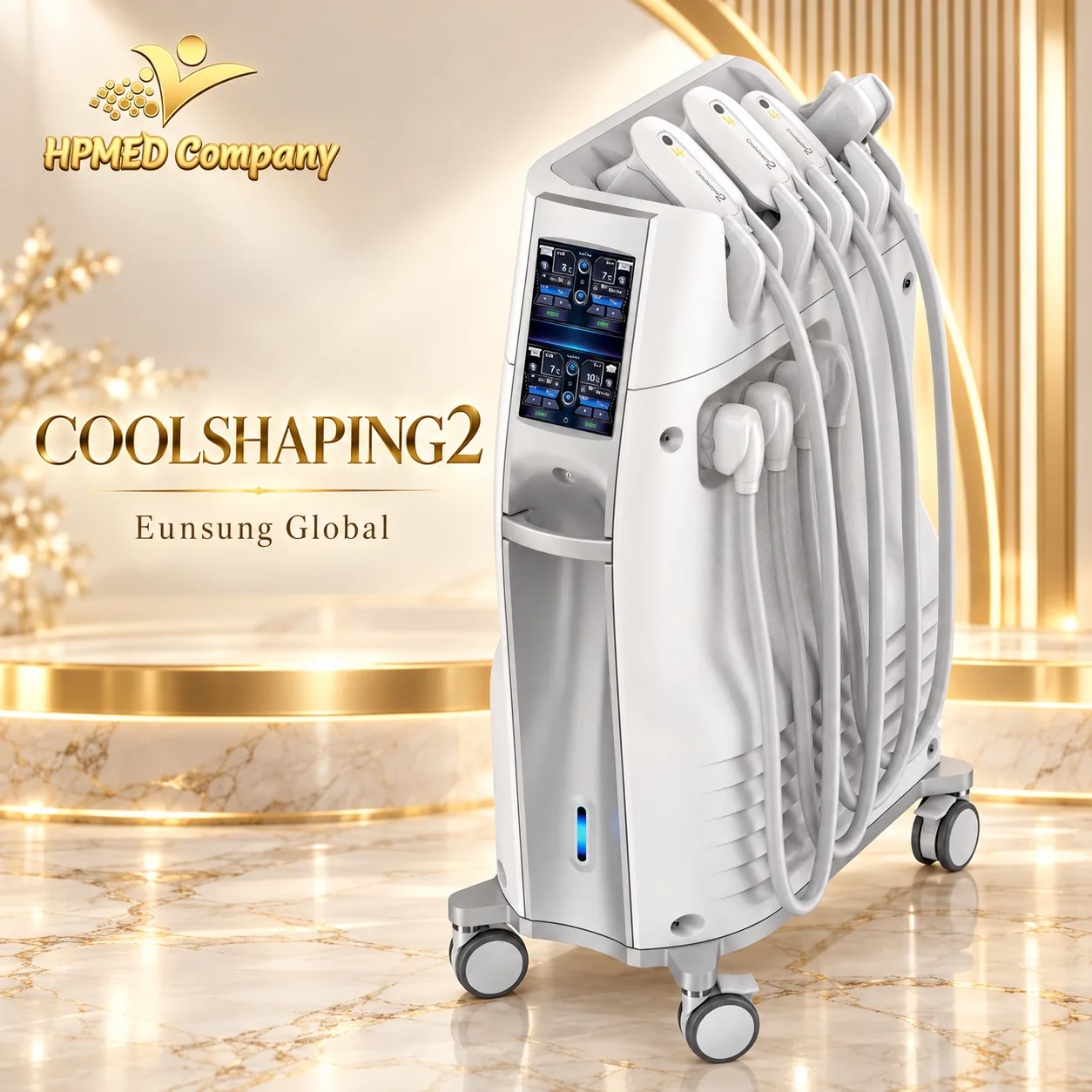 Toàn thân máy đông hủy mỡ Coolshaping2 Eunsung, gồm tay cầm, thân máy, chân đế và bánh xe