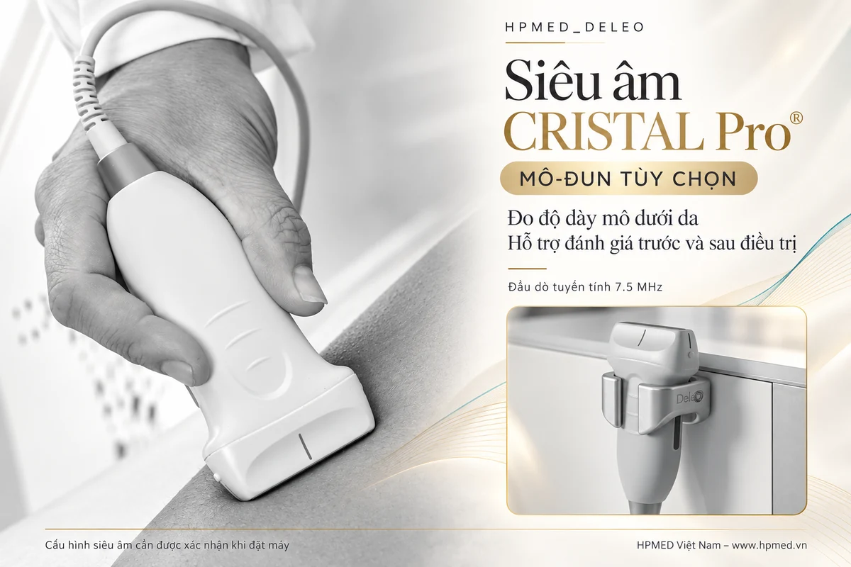 CRISTAL Pro Deleo: Máy giảm mỡ bằng làm lạnh từ Pháp 3 Đầu dò siêu âm tuyến tính CRISTAL Pro 7.5 MHz và hình minh họa thao tác khảo sát mô dưới da, ghi rõ mô-đun tùy chọn