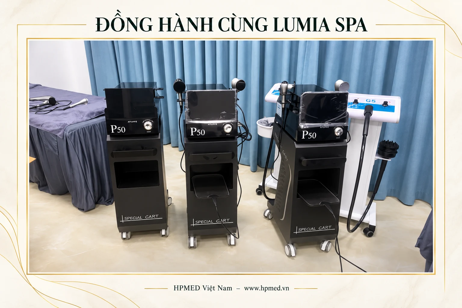 Dàn ba máy RF P50 đầy đủ thân máy và chân đế tại LUMIA SPA, ảnh thiết kế từ tư liệu thực tế