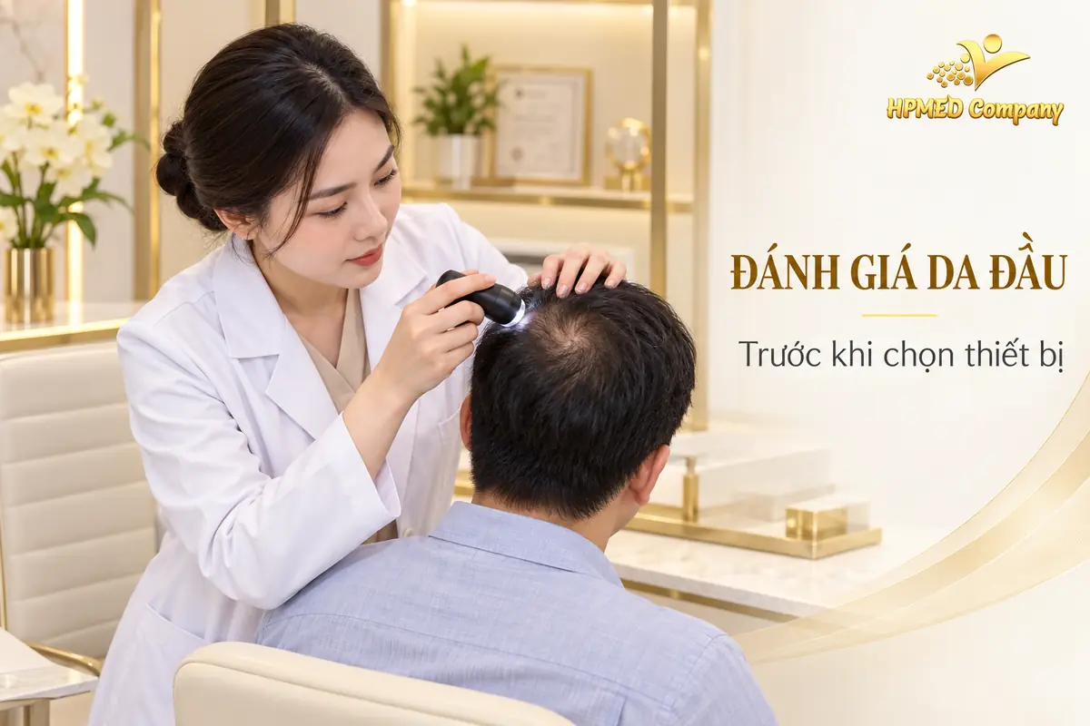 Ảnh minh họa bác sĩ kiểm tra vùng tóc thưa bằng thiết bị soi da đầu