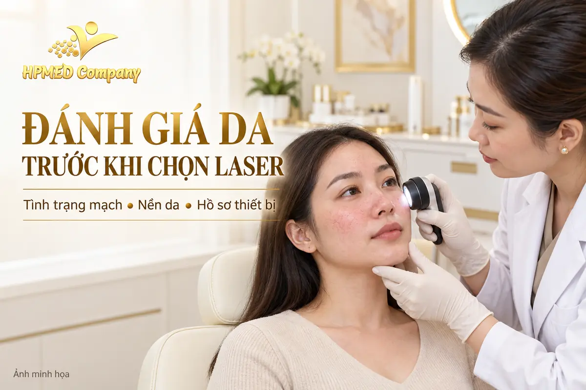 Ảnh minh họa bác sĩ đánh giá nền da và mao mạch vùng má trước khi cân nhắc thiết bị laser