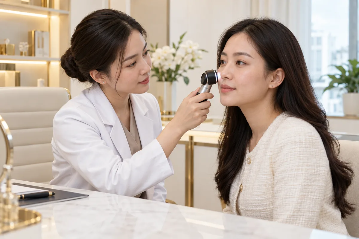 Ảnh AI minh họa bác sĩ đánh giá da trong buổi tư vấn trước khi lựa chọn laser