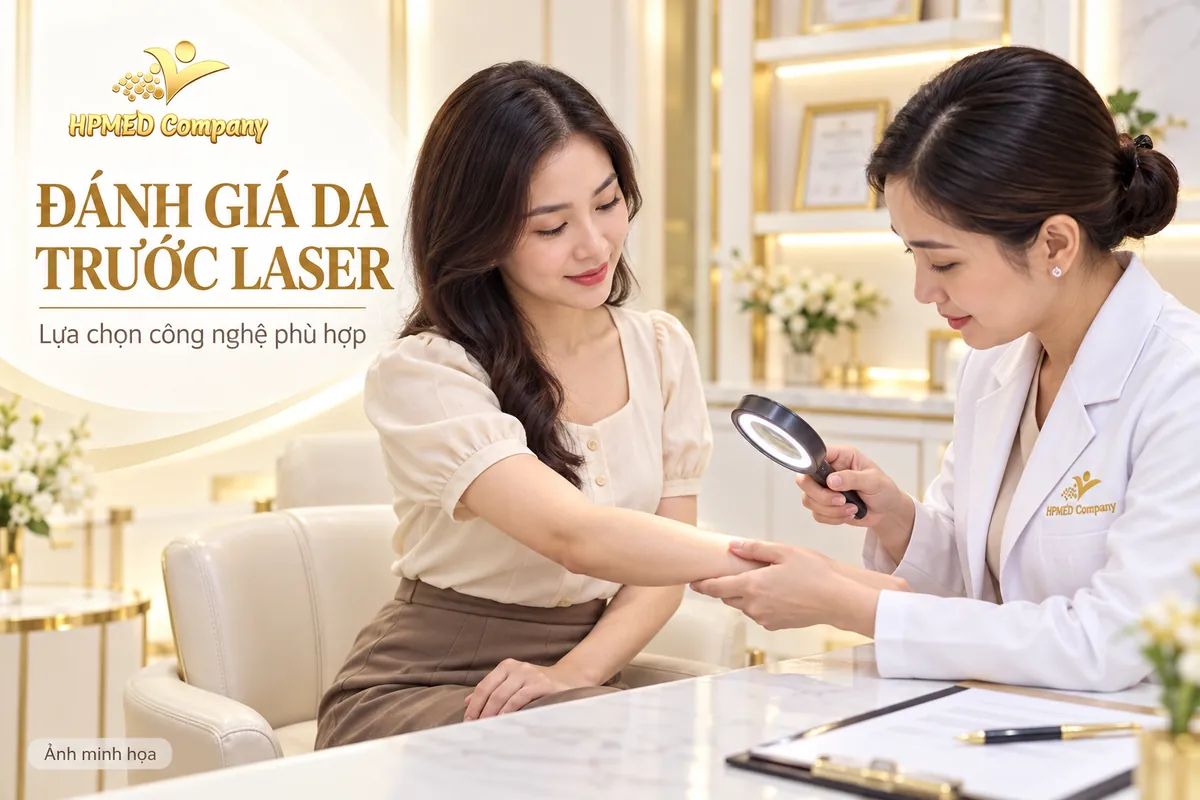 Ảnh minh họa nhân viên chuyên môn đánh giá da cánh tay trước khi lựa chọn laser Alexandrite 755nm