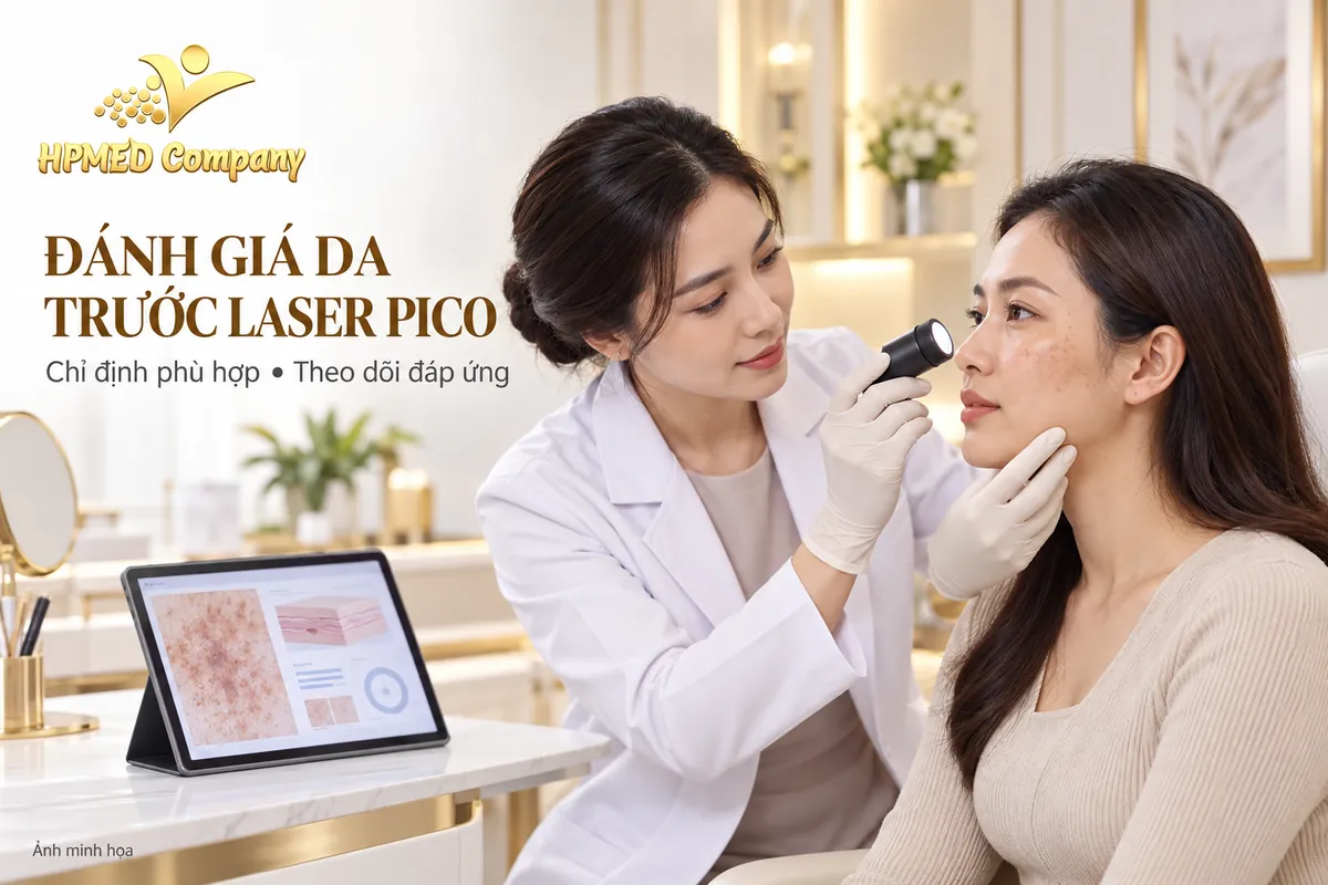 Ảnh minh họa bác sĩ đánh giá tình trạng sắc tố trên da trước khi lựa chọn laser Pico