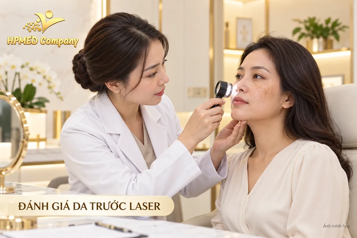 Ảnh minh họa bác sĩ đánh giá da và sắc tố trước khi lựa chọn laser Q-Switched Nd:YAG