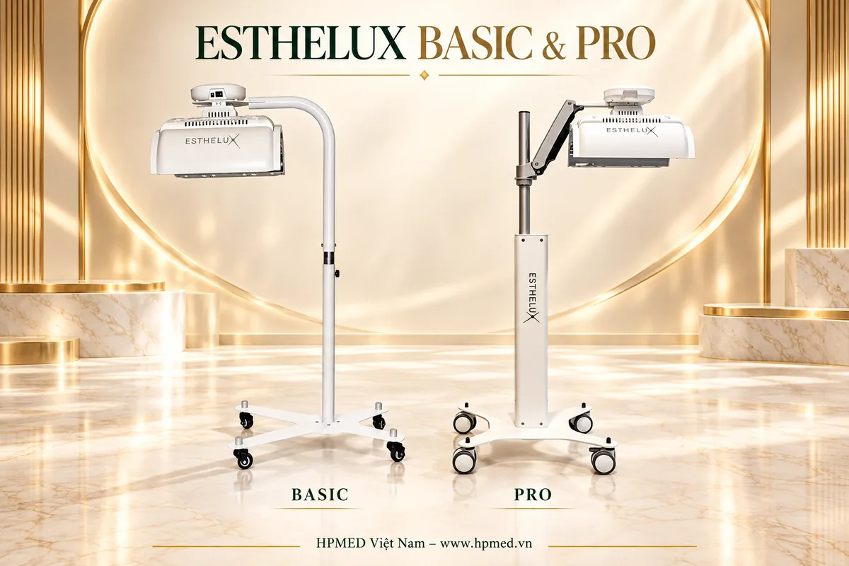 Đèn ánh sáng sinh học có tác dụng gì và cách chọn cho spa 1 ESTHELUX Basic với chân đỡ dạng thanh và ESTHELUX Pro có tay đỡ nâng hạ