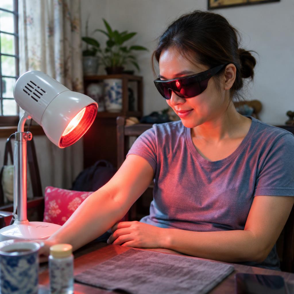 Người dùng bảo vệ mắt khi trị liệu bằng đèn hồng ngoại