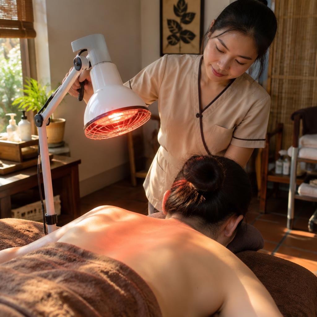 Kỹ thuật viên spa hướng dẫn sử dụng đèn hồng ngoại an toàn