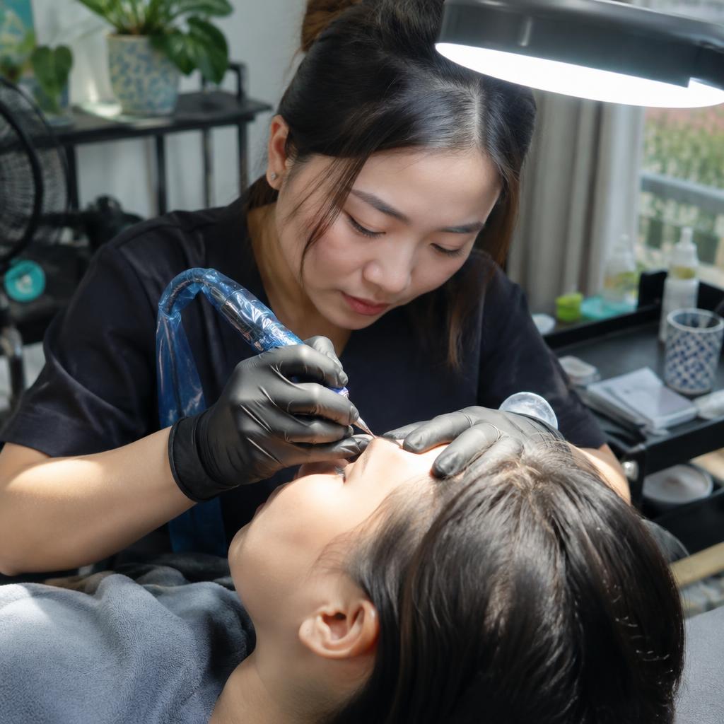Kỹ thuật viên đang thực hiện phun xăm với ánh sáng tối ưu