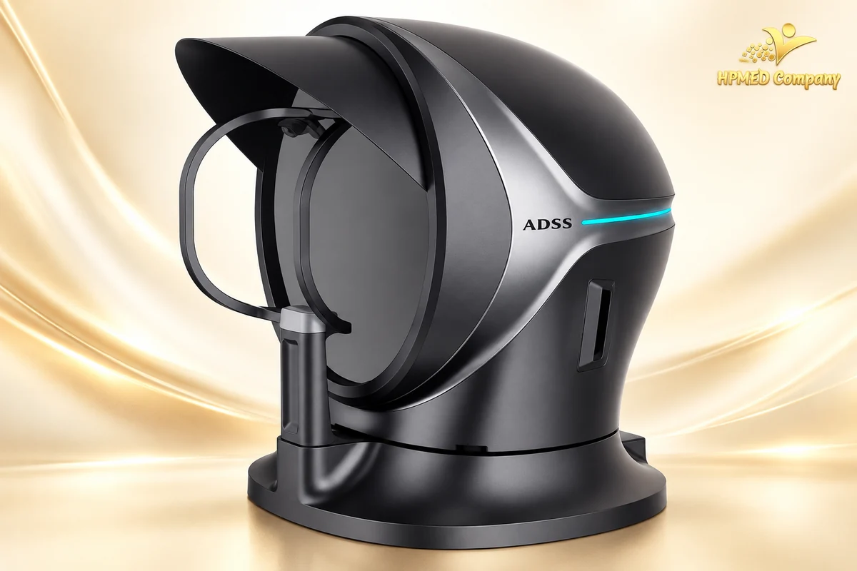 Cận cảnh buồng chụp DermaVista 3D ADSS màu đen xám với phần định vị khuôn mặt
