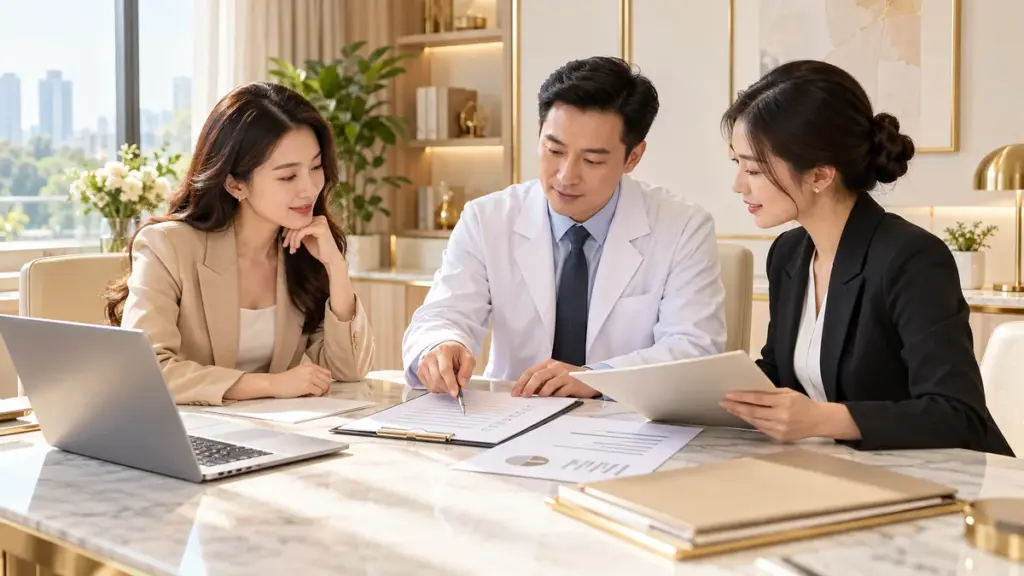 Ảnh minh họa bác sĩ và chủ đầu tư trao đổi hồ sơ đăng ký phòng khám da liễu
