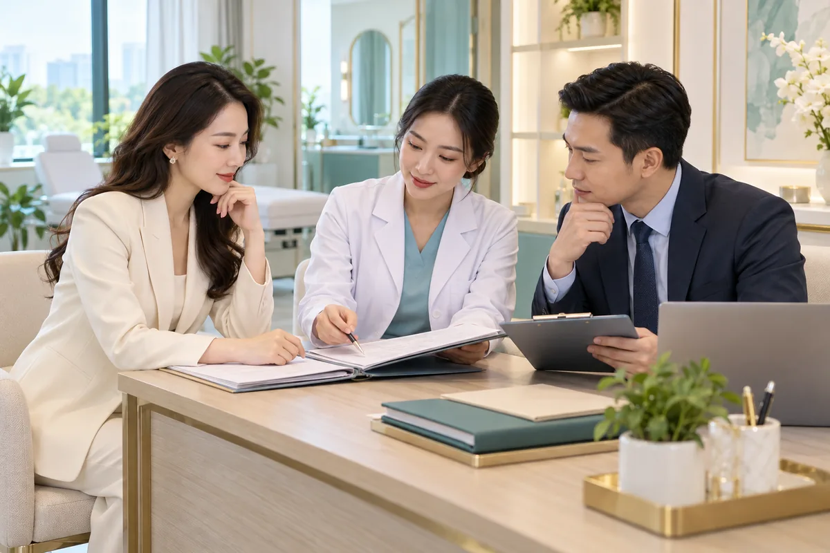 Minh họa buổi tư vấn hồ sơ giữa chủ đầu tư, bác sĩ và người hỗ trợ đăng ký phòng khám da liễu