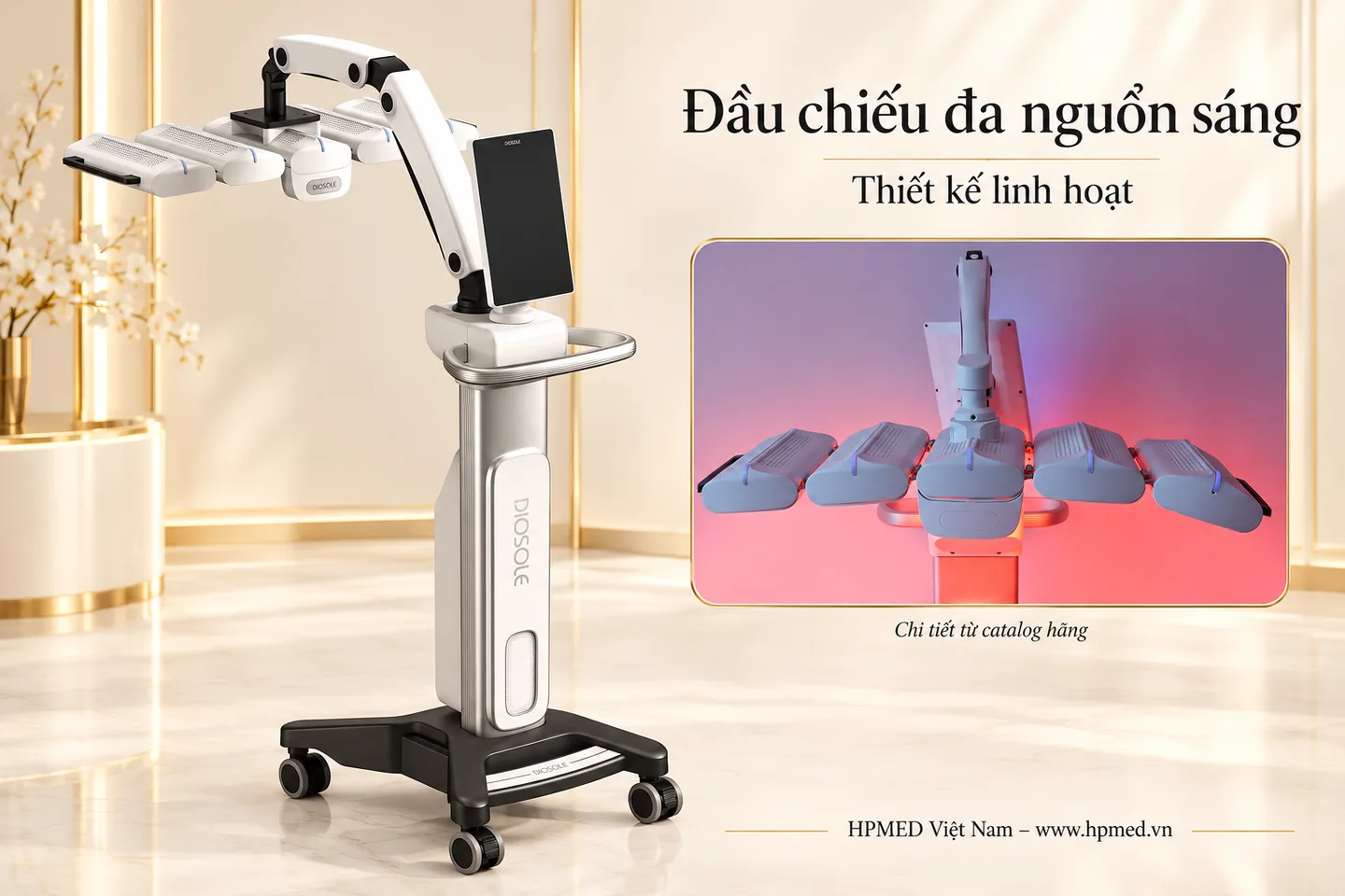 Máy Ánh Sáng Sinh Học Diosole DS-P01 2 Máy Diosole DS-P01 và chi tiết đầu chiếu LED nhiều tấm có thể điều chỉnh vị trí.
