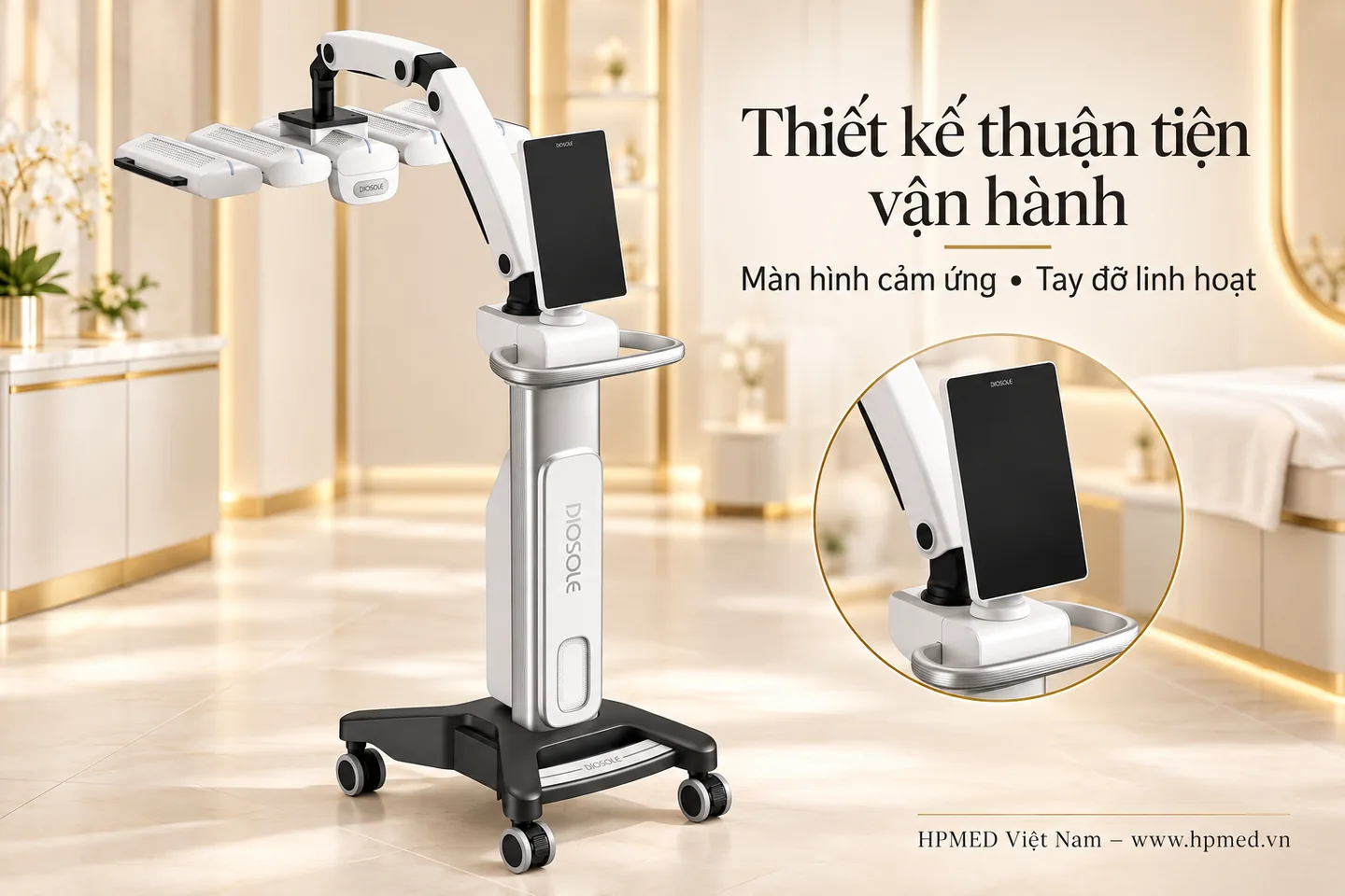 Máy Ánh Sáng Sinh Học Diosole DS-P01 3 Toàn thân máy Diosole DS-P01 cùng chi tiết màn hình cảm ứng, tay đỡ và vòng tay cầm.