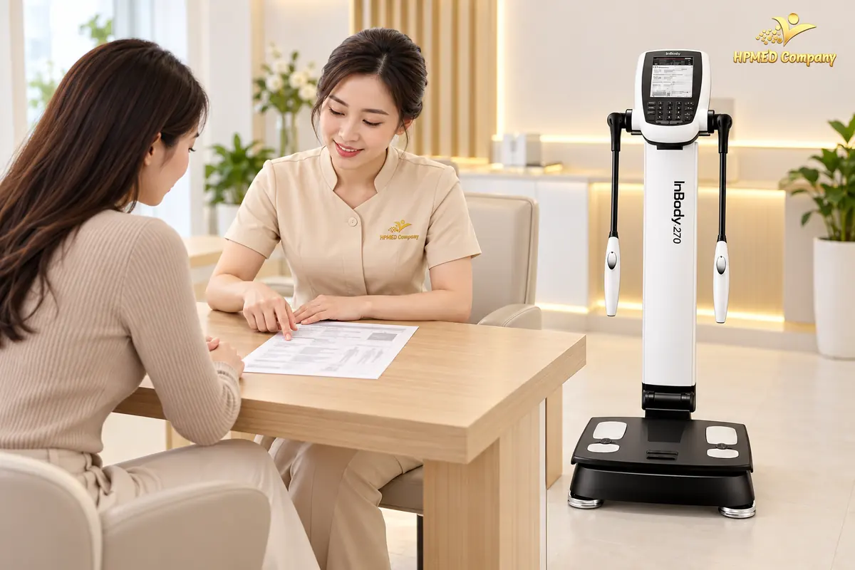 Minh họa chuyên viên trao đổi bảng kết quả thành phần cơ thể với khách bên máy InBody 270
