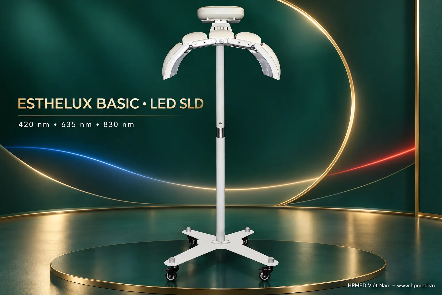 Máy ánh sáng sinh học ESTHELUX Basic MEDMIX 3 ESTHELUX Basic nhìn chính diện và các bước sóng LED 420, 635, 830 nm