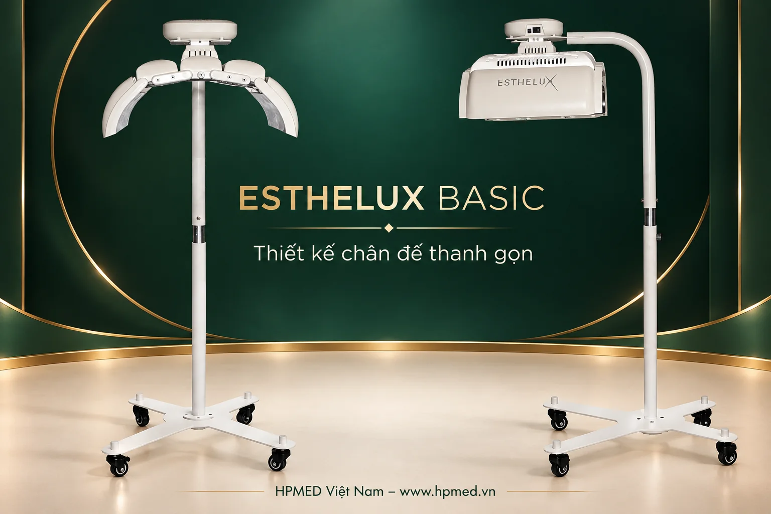 Máy ánh sáng sinh học ESTHELUX Basic MEDMIX 2 Hai góc nhìn trước và bên của cùng model ESTHELUX Basic với chân đế có bánh xe