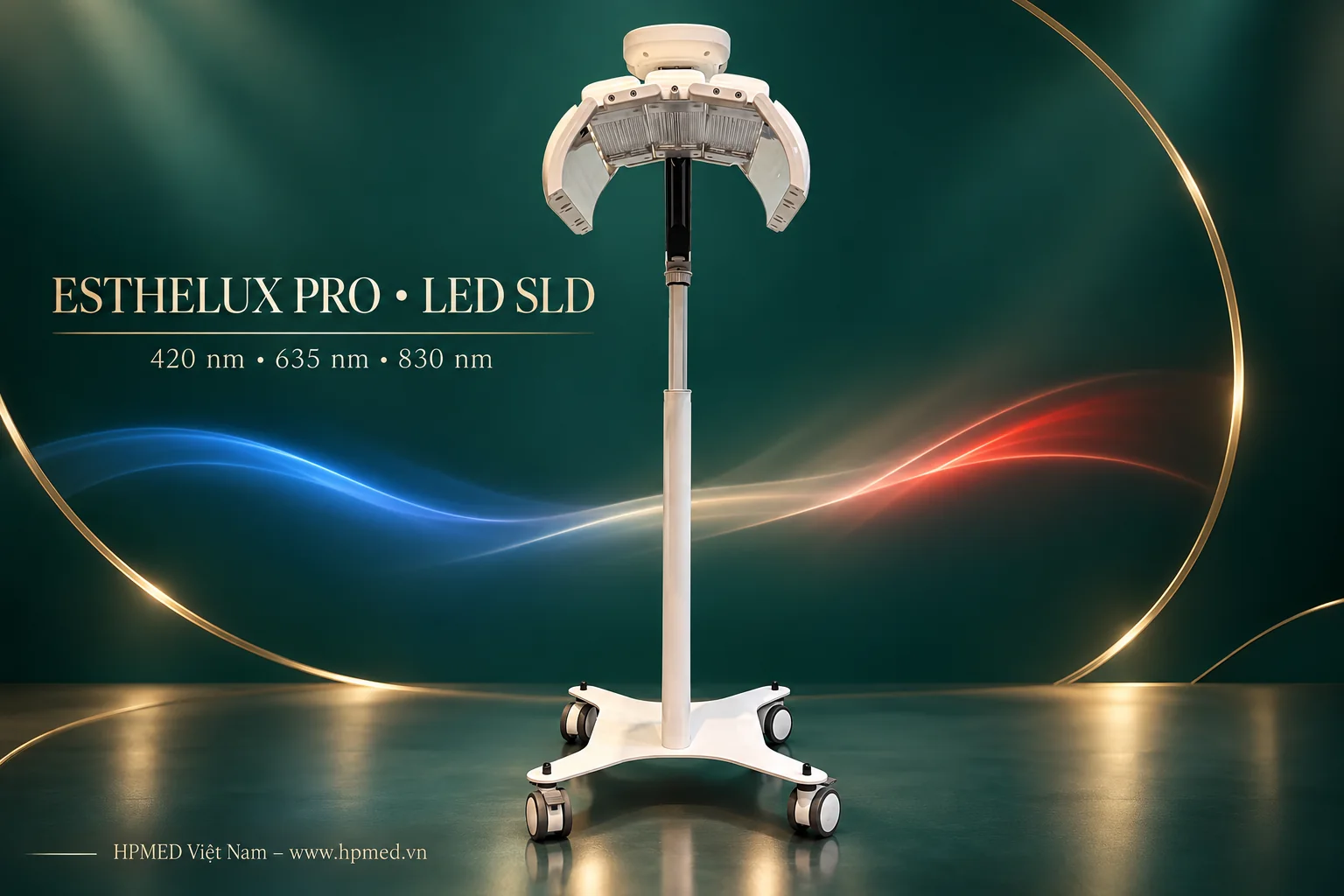 ESTHELUX Pro nhìn chính diện cùng ba bước sóng LED 420, 635, 830 nm