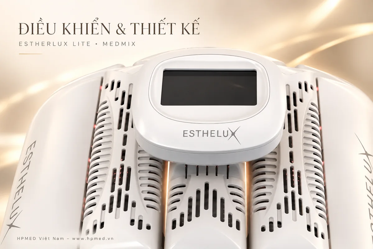 Máy ánh sáng sinh học ESTHERLUX LITE MEDMIX 2 Cận cảnh cụm điều khiển phía trên và các khe thông gió của ESTHERLUX LITE MEDMIX