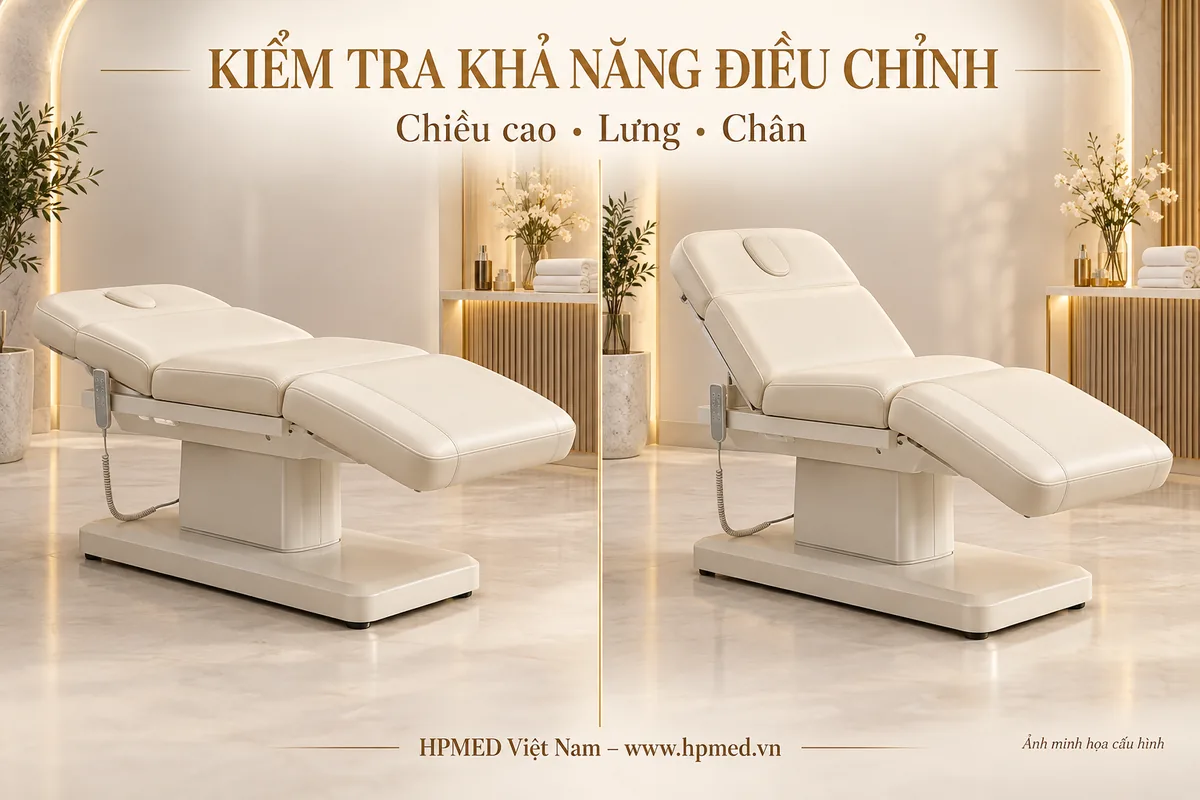 Hai hình minh họa giường điện ở tư thế tựa lưng thấp và tựa lưng nâng cao trên nền vàng champagne