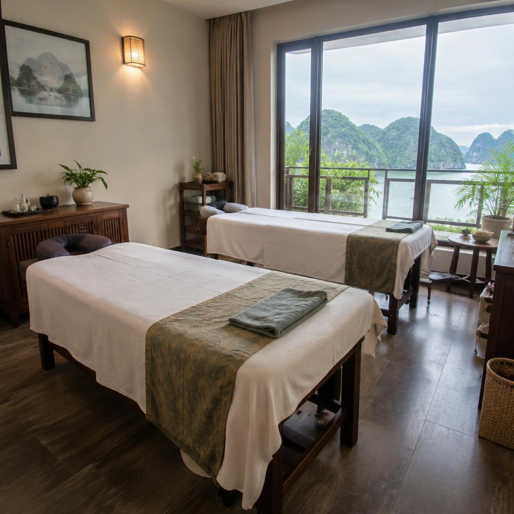 Giường spa và ghế spa: Lựa chọn nào tối ưu cho không gian và dịch vụ của bạn? 4 Một phòng spa được thiết kế tinh tế với giường spa và nội thất tối giản, tạo không gian thư giãn.