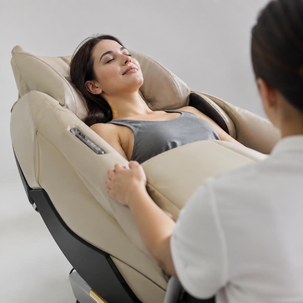 Giường spa cao cấp màu be với bảng điều khiển tích hợp chức năng sưởi ấm và massage