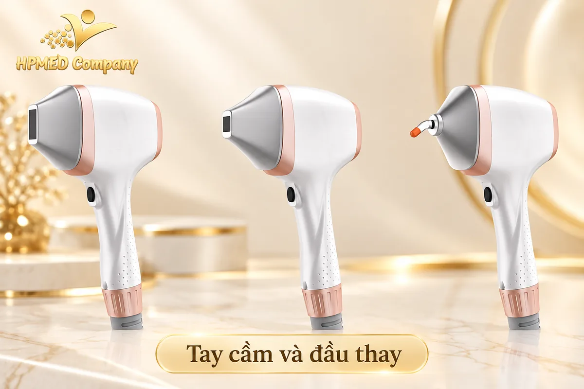 Ba cấu hình đầu thay trên tay cầm HIDL 1800W, gồm đầu chữ nhật lớn, chữ nhật nhỏ và đầu tròn