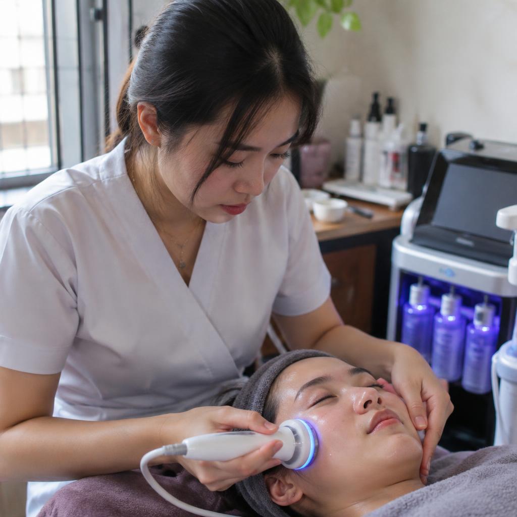 Học viên đang thực hành sử dụng máy móc spa công nghệ cao dưới sự hướng dẫn của giảng viên tại trung tâm đào tạo.