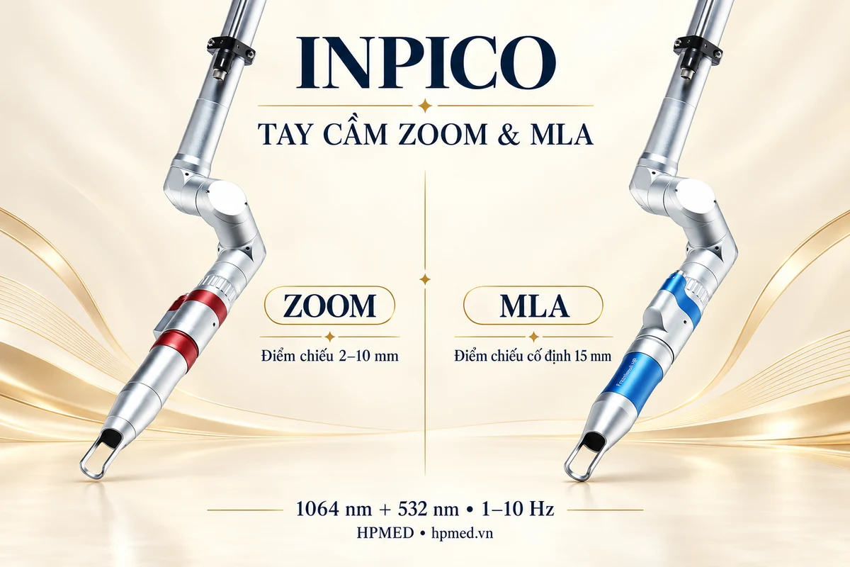 Máy Laser Pico INPICO Hàn Quốc – Xung 300 ps 3 Tay cầm Zoom đỏ với điểm chiếu 2–10 mm và tay cầm MLA xanh với điểm chiếu cố định 15 mm của INPICO
