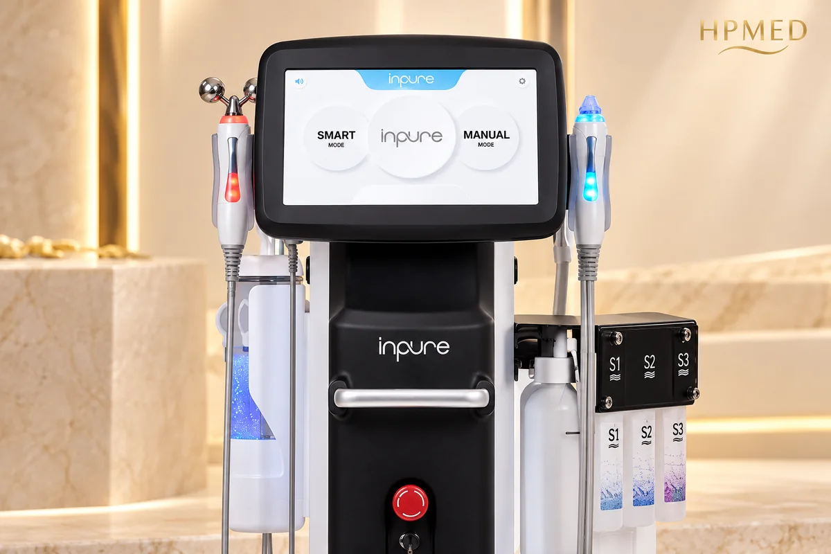 Cận cảnh màn hình INPURE, tay cầm Aqua Peeling ánh sáng xanh và Galvanic Roller hai đầu cầu kim loại