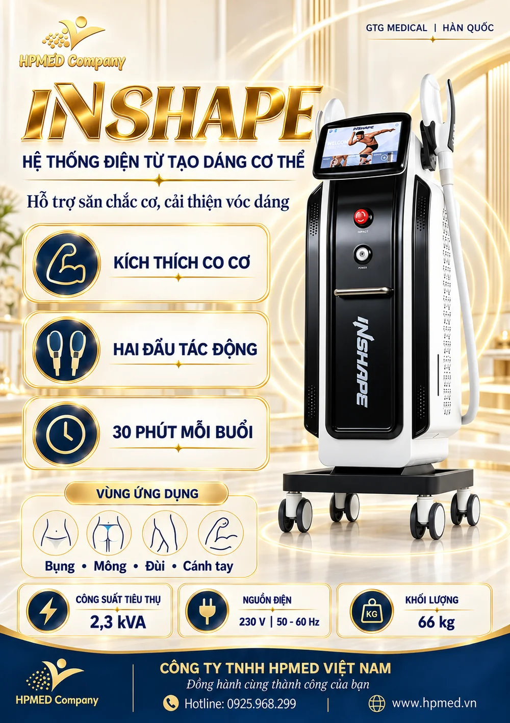 Poster HPMED giới thiệu máy InShape GTG, hai đầu điện từ, buổi 30 phút và thông số catalog
