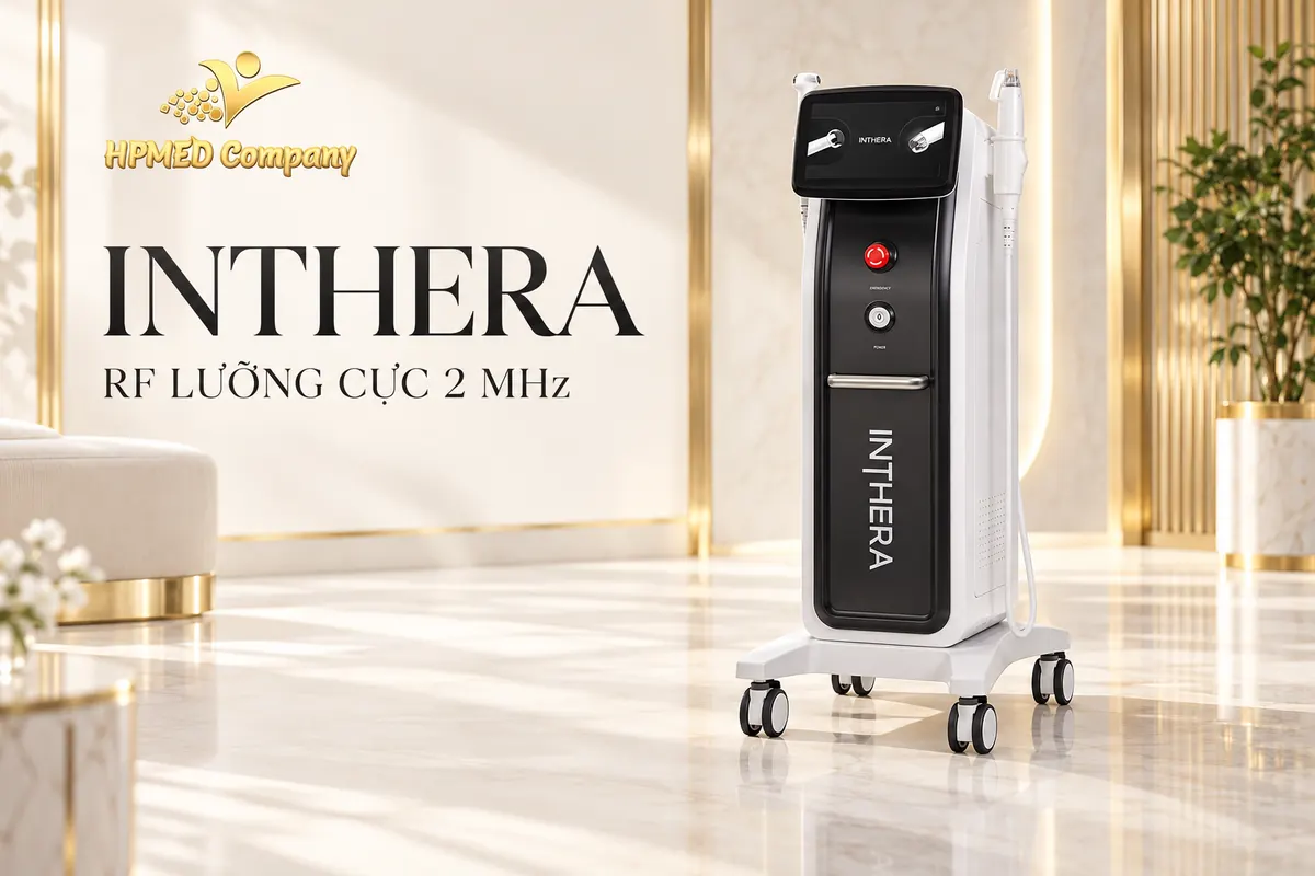 Máy RF vi kim INTHERA GTG Medical – RF lưỡng cực 2 MHz 1 Máy RF vi kim INTHERA lưỡng cực 2 MHz trên nền trắng vàng với logo HPMED