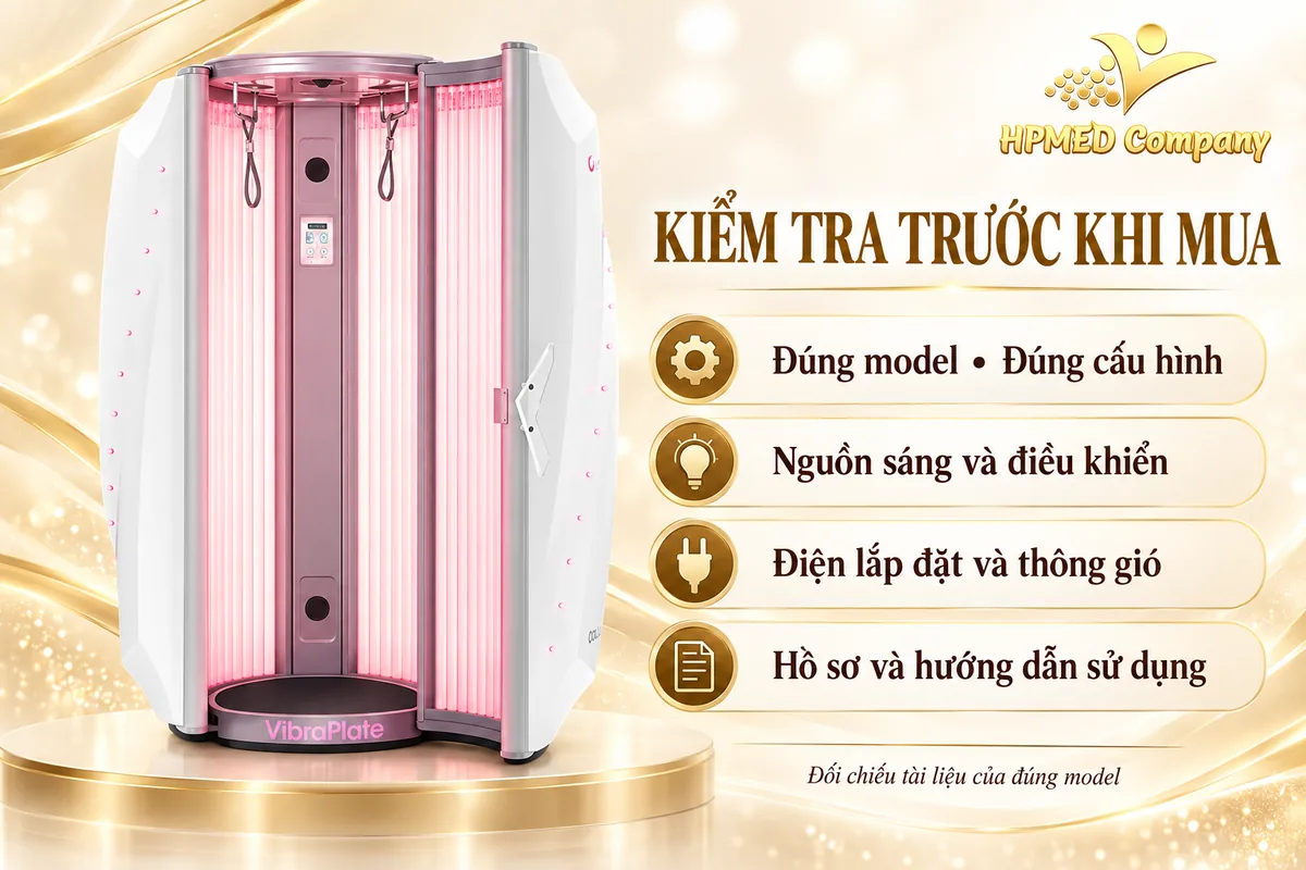 Các tiêu chí kiểm tra phi thuyền tắm trắng: model, nguồn sáng, điện lắp đặt, thông gió và hướng dẫn sử dụng