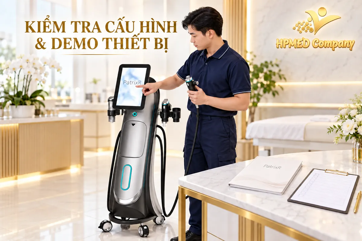 Minh họa kiểm tra màn hình và tay cầm máy RF vi điểm Patrix R trước demo, bàn giao thiết bị
