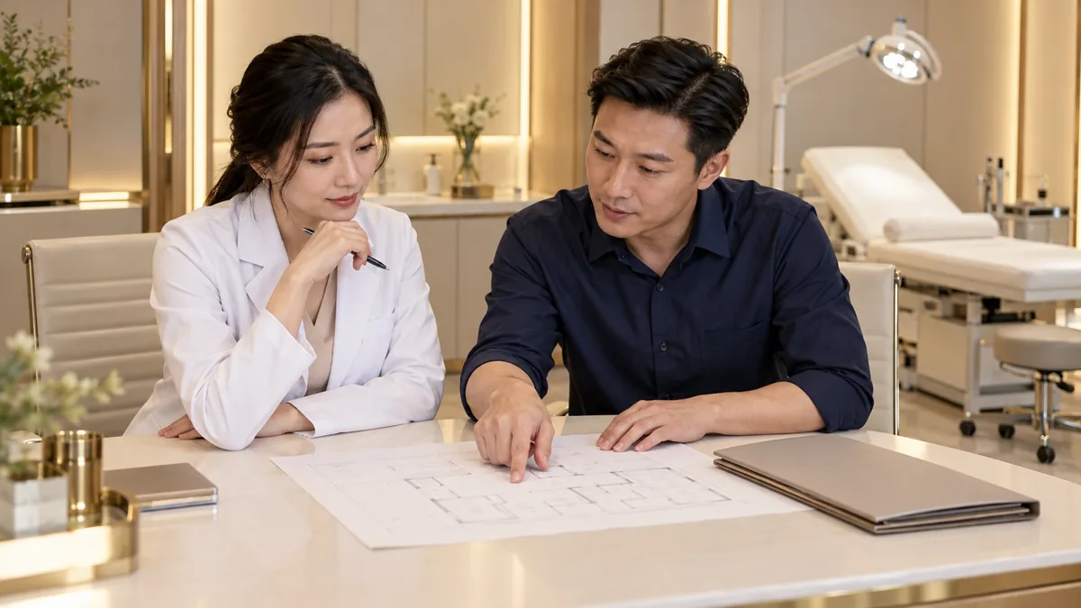 Thiết bị phòng khám da liễu: danh mục và checklist đầu tư 3 Ảnh AI minh họa bác sĩ và người tư vấn cùng xem kế hoạch bố trí thiết bị phòng khám da liễu
