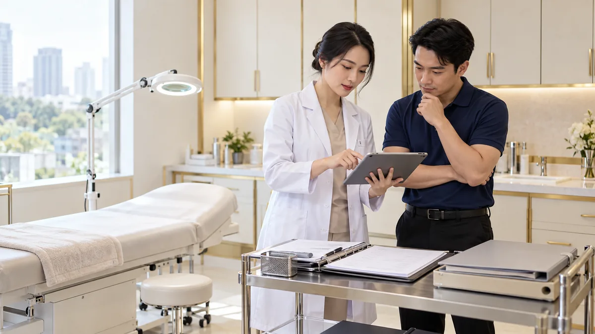 Ảnh minh họa bác sĩ trao đổi kế hoạch nhân sự và thiết bị cho phòng khám da liễu