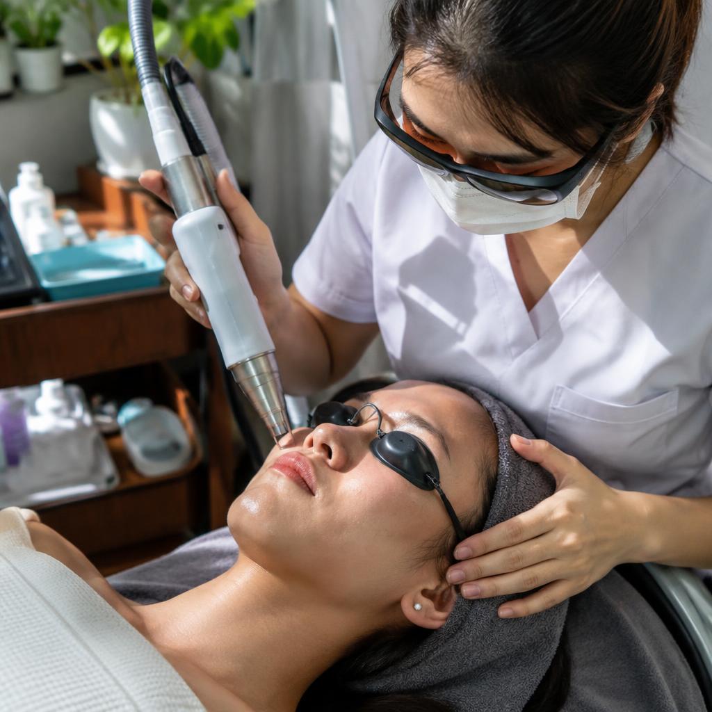 Kỹ thuật viên đang thực hiện liệu trình laser YAG cho khách hàng tại Spa C.