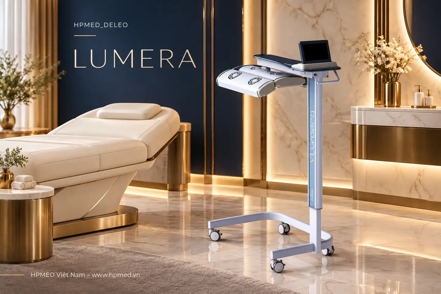 LUMERA DELEO: Đèn LED thẩm mỹ 4 bước sóng từ Pháp 2 Minh họa đèn LUMERA thân đứng có bánh xe được bố trí cạnh giường chăm sóc da trong không gian luxury