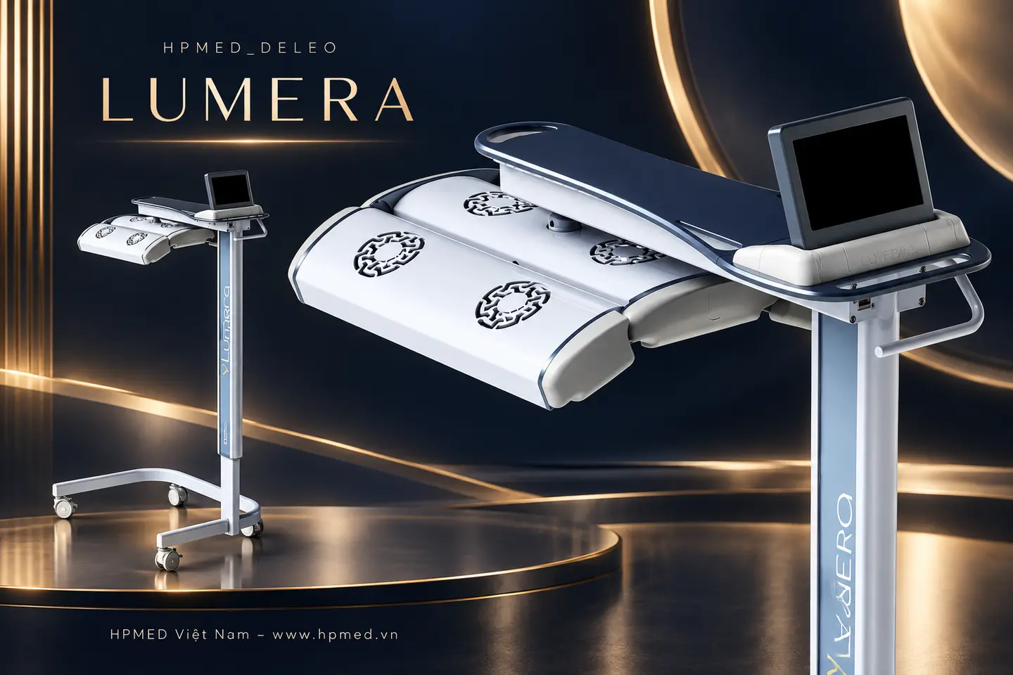 LUMERA DELEO: Đèn LED thẩm mỹ 4 bước sóng từ Pháp 1 Cận cảnh cụm đầu chiếu cong phân đoạn và màn hình điều khiển của LUMERA DELEO