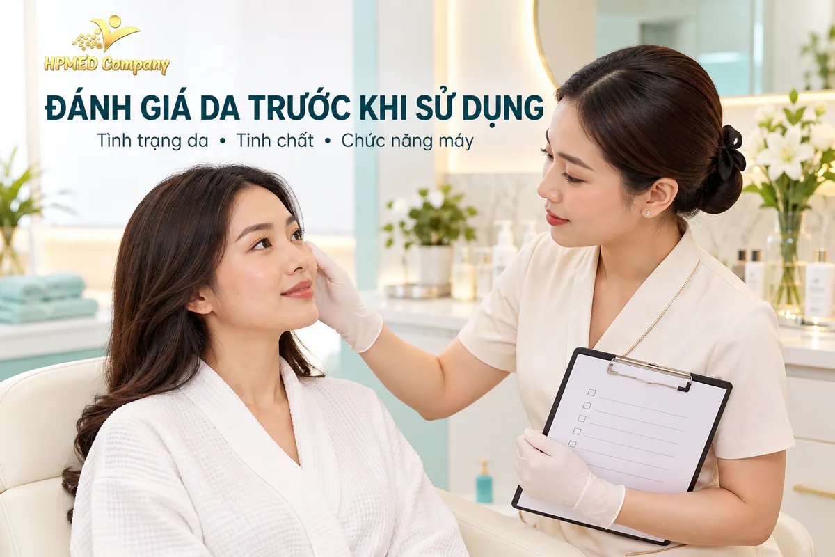 Minh họa kỹ thuật viên đánh giá tình trạng da và hỏi thông tin trước khi dùng Oxy Jet