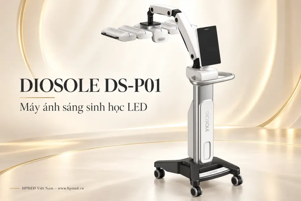 Máy ánh sáng sinh học Diosole DS-P01 toàn thân với đầu chiếu LED, màn hình cảm ứng và chân đế có bánh xe.