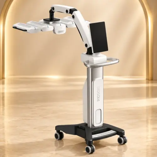 Toàn thân máy ánh sáng sinh học Diosole DS-P01 với đầu chiếu nhiều tấm, màn hình đứng và chân đế bánh xe.
